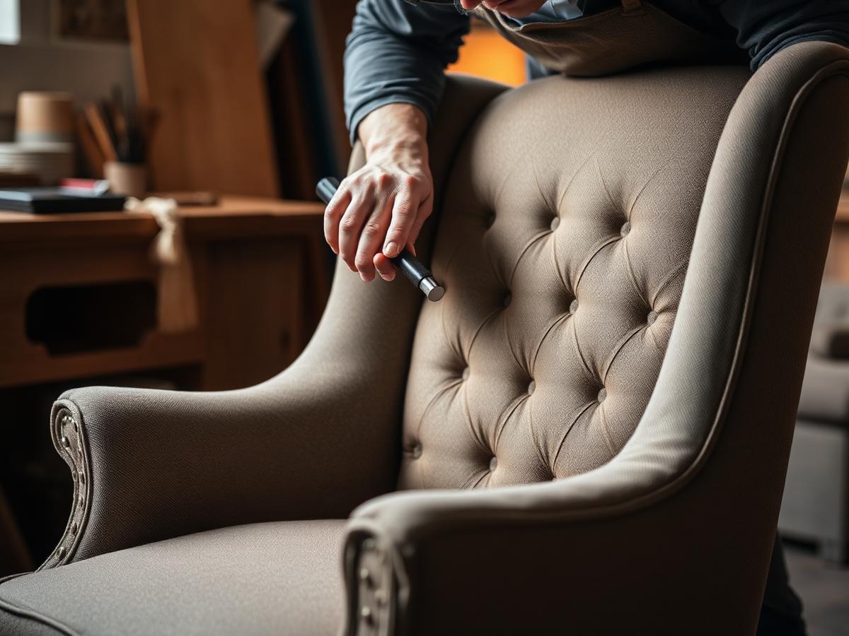 Master craftsman hand-upholstering luxury furniture in Dubai workshop